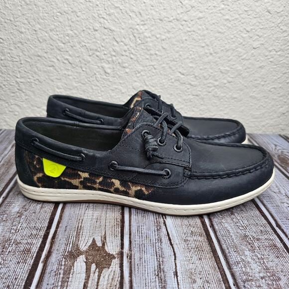 Sperry top siders songfish black and cheetah boat shoes loafers women's size 10 - Picture 2 of 7